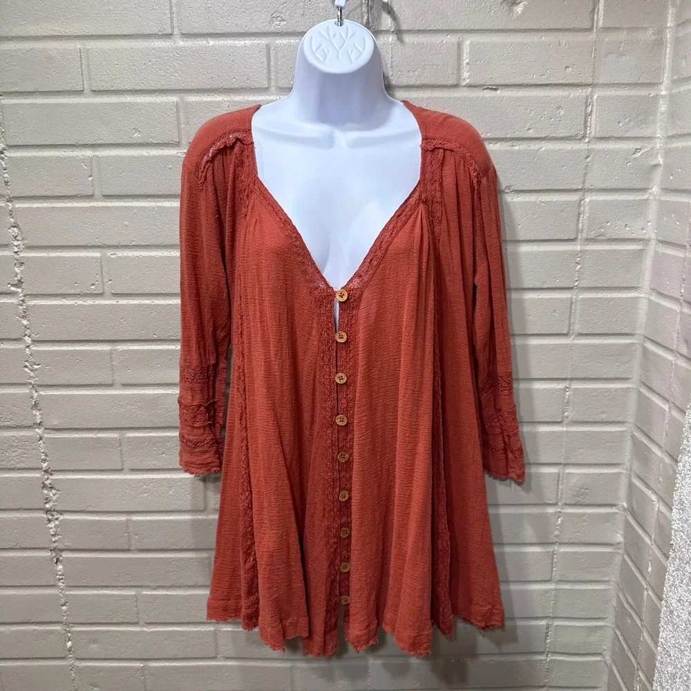 Free People Gauze Crochet Lace Button Front Tunic Top Rust Sml Peasant Boho